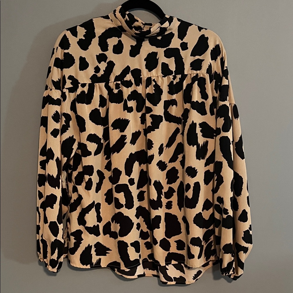 glam Beige and Black Leopard Mock Neck Blouse